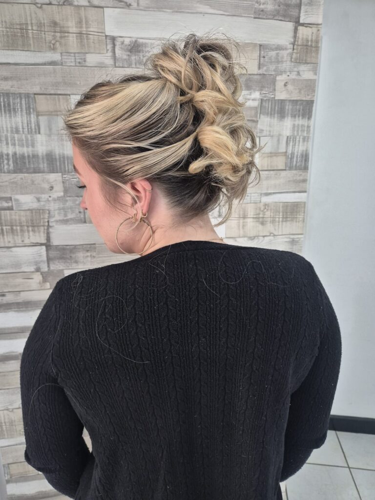 Hair up on blonde bob length hair by Nicola at Simon Constantinou Hairdressers Cardiff