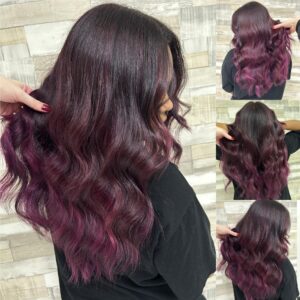 Berry Red Purple Balayage Hair Colour by Lucy at Simon Constantinou Hairdressers in Cardiff